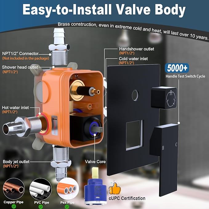 Enga 12 Inch Ceiling Mount Matte Black Shower System with Body Jets Bathroom Luxury Rain Mixer Shower Combo Set Ceiling Rainfall Shower Jets System Faucet Set