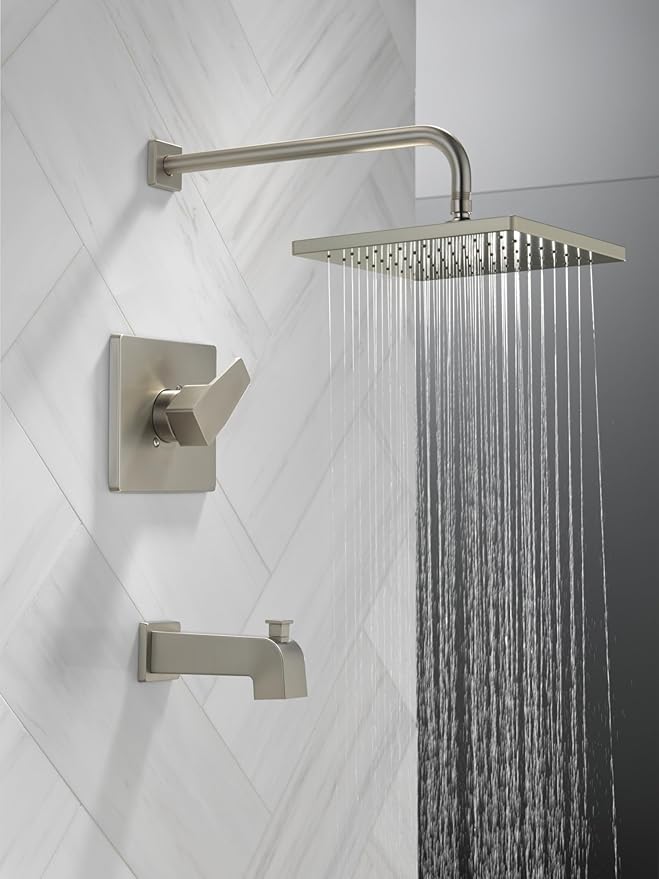 Delta Faucet Modern Raincan Square Single-Function Tub and Shower Trim Kit Brushed Nickel, Tub Faucet Set, Rainfall Shower Head, Spotshield Stainless T14468-SP-PP (Valve Not Included)