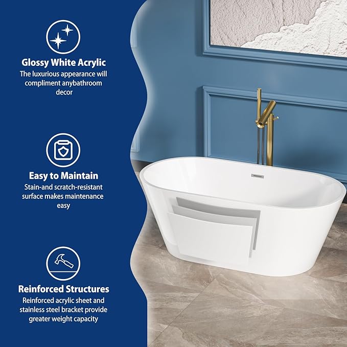 Sarlai 59 Inch Acrylic Freestanding Soaking Bathtub Contemporary Soaking White Tub Stand Alone Ergonomic Bathtub with Chrome Overflow and Drain