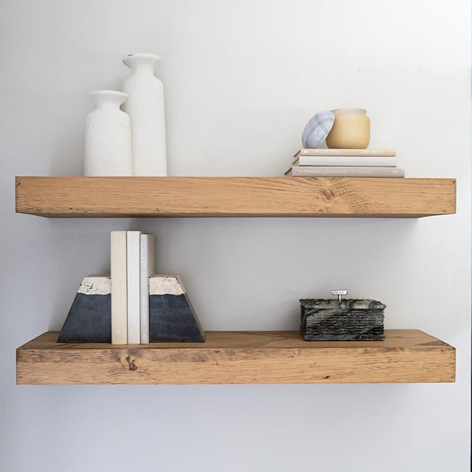 Urbandi Modern Floating Shelves 3 Inches Thick for Wall, Wide Shelves for Kitchen, Living Room, Bedroom, and Bathroom, Natural Pine Wood, Rustic Wooden Shelf, (Set of 2) (Aged Oak, 24Lx3Hx6D)