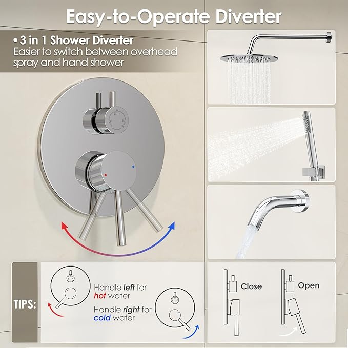 Gabrylly Shower System with Tub Spout, Bathtub Shower Faucets Set with 3-Way Shower Valve, High Pressure 10" Rain Shower head with Handheld Spray Combo, Wall Mounted Rainfall Shower Head Set, Chrome