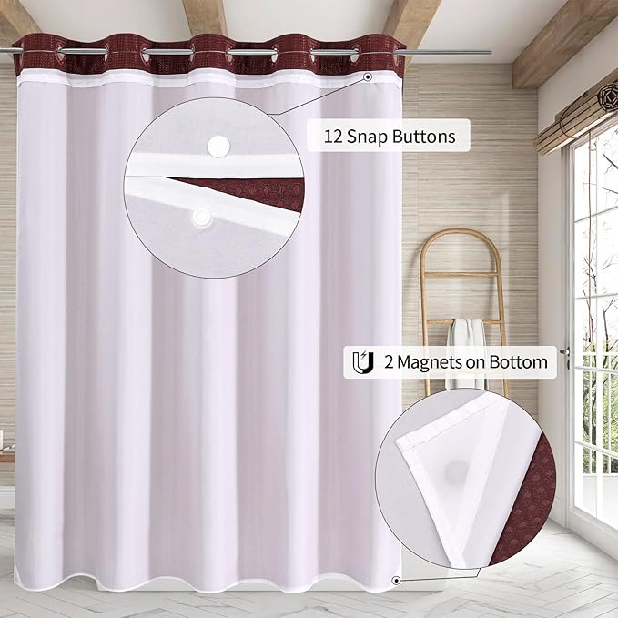 MitoVilla Burgundy Long Shower Curtain Liner Set 72 x 80, No Hooks Needed 80 inch Long Heavyweight Waffle Fabric Shower Curtain Set with Snap-in Liner for Hotel Grade Spa-Like Bathroom Decor, Burgundy