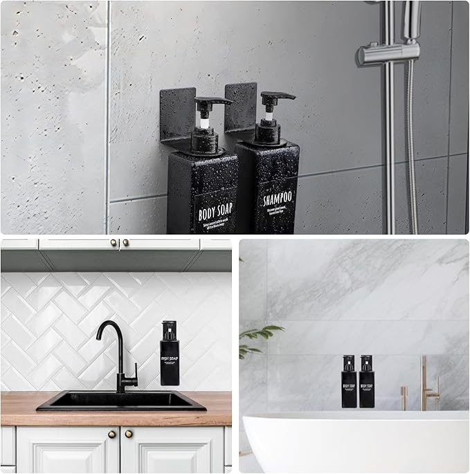 Segbeauty Adhesive Bottle Holder for Soap Dispenser, 3pcs 1.1inch 2.8cm Drill-Free Shower Shampoo Holder, Stainless Wall Mounted Hanging Rack for Hotel Toilet Kitchen, Black