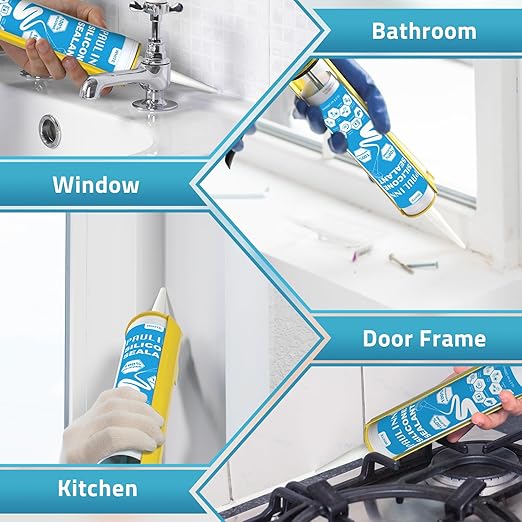 PAULINN Silicone Caulk White, 100% Silicone Sealant Waterproof for RV, Kitchen, Bath, General Use, Window, Door, Glass, Marine, 10.2 Oz, 4 Packs