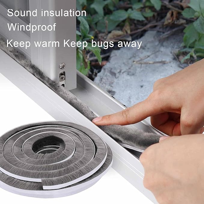 Door Brush Seal, 33Feet, Felt Pile Weather Stripping for Doors, Weather Strip for Windows Cabinet, Self Adhesive Draft Blocker, Dust Stopper Sliding Door Seal Winter, Grey 10m