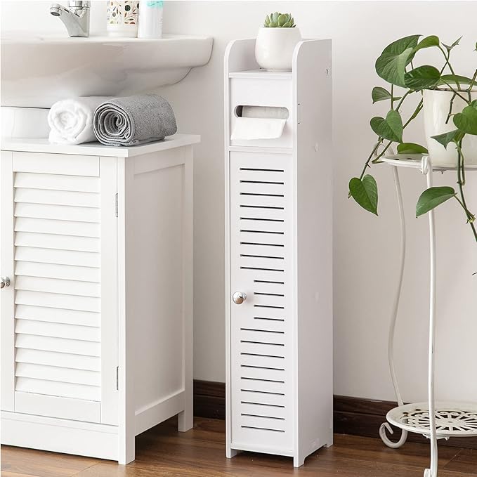AOJEZOR Toilet Paper Holder Stand: Small Bathroom Storage Cabinet for Small Spaces,White
