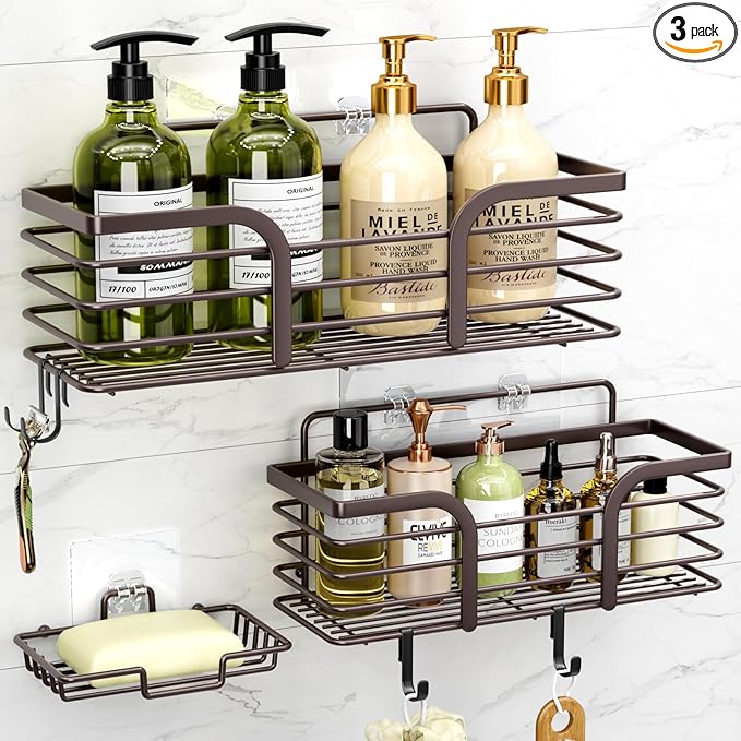 Yougai Shower Caddy 3 Pack, No Drilling Stainless Steel Hanging Shower Organizer Set, Strong Adhesive Shower Organizer for Bathroom Storage, Waterproof & Large Bearing Weight Organizer Shelf