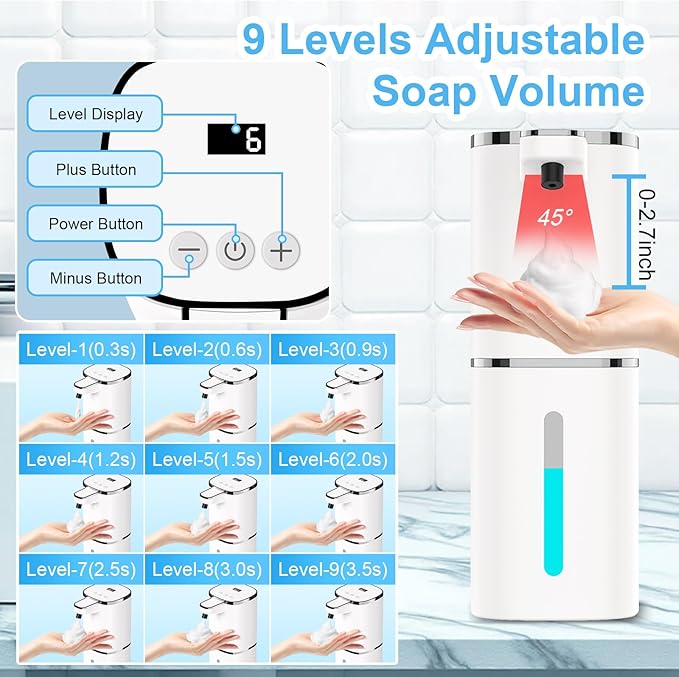 Automatic Foaming Soap Dispenser Touchless, USB Rechargeable Smart Hand Soap Dispenser, 9-Level Adjustable, Physical Button Operation, 13.5oz/400mL Wall Mounted for Bathroom Kitchen Dish Soap