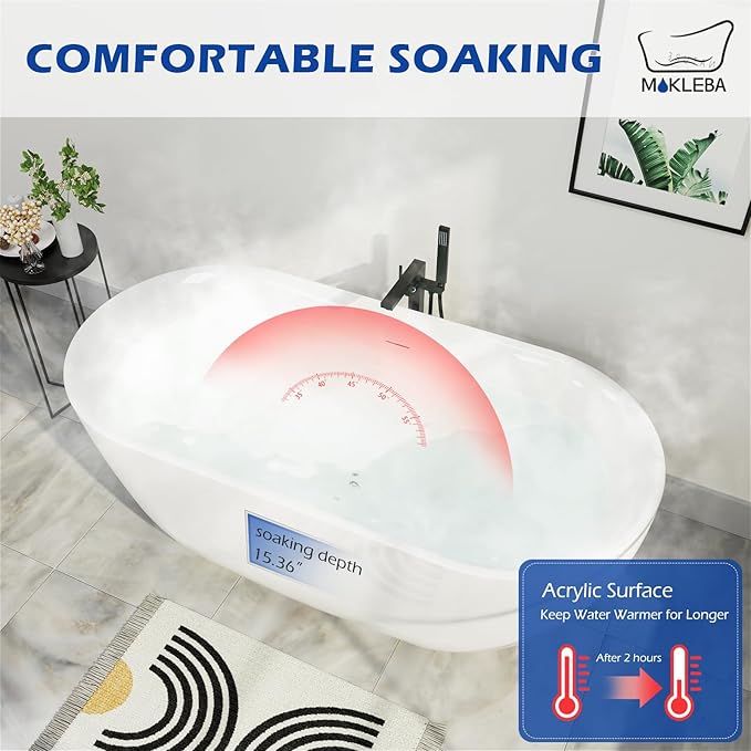 67" Acrylic Freestanding Bathtub, Elegant Oval Free Standing Tub, Soaking Tub with Integrated Slotted Overflow, Toe-Tap Chrome Drain, cUPC Certified, Glossy White