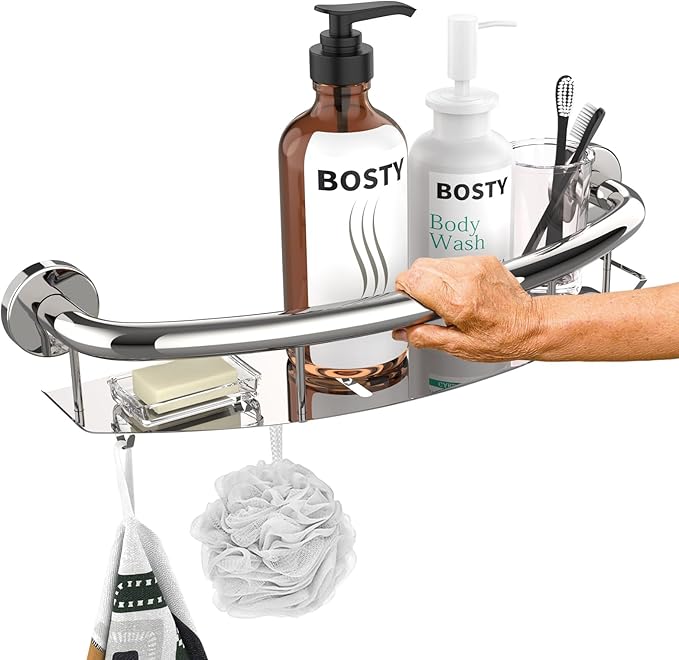 Polished Chrome Shampoo Shelf Grab Bar 18 Inch, Zepolu Stainless Steel 2-in-1 Decorative Grab Bar w/Tray, Bath and Shower Safety Handle, Wall Mounted Handrail Balanced Support Assist Bar for Senior