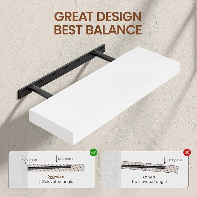 Heimlove 24 inch Floating Shelves for Wall,2 Packs Natural Pine Solid Wood Floating Shelves, 8 inches Deep Wooden Shelves for Kitchen Bedroom Office & Living Room Display Wall Decor