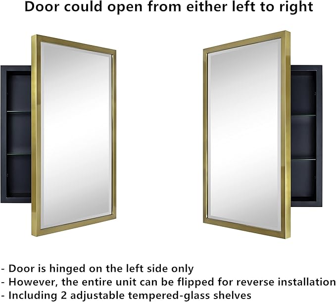 TEHOME Gold Metal Framed Recessed Bathroom Medicine Cabinet with Mirror Rectangle Tilting Beveled Vanity Mirrors for Wall 16 x 24 inches