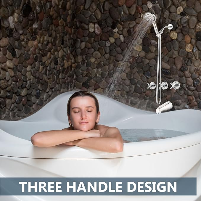 Aolemi 3 Handles Tub Shower Faucet Set with Valve Bathtub Combo Set Shower System Complete Trim Kit Wall Mounted Polish Chrome