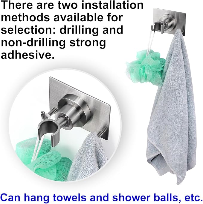 Shower Head Holder All Metal Strong Adhesive and Drilling Screws Two Installation Methods, Adjustable Handheld Shower Head Mount,Stainless Steel Hand held Showerhead Wand Bracket