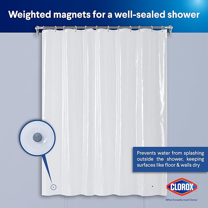 Clorox Shower Curtain Liner & Hooks, Premium Lightweight Flexible Waterproof 4g PEVA for Bathroom with Weighted Magnets, Standard Size 70" x 72", Clear 1 Pack