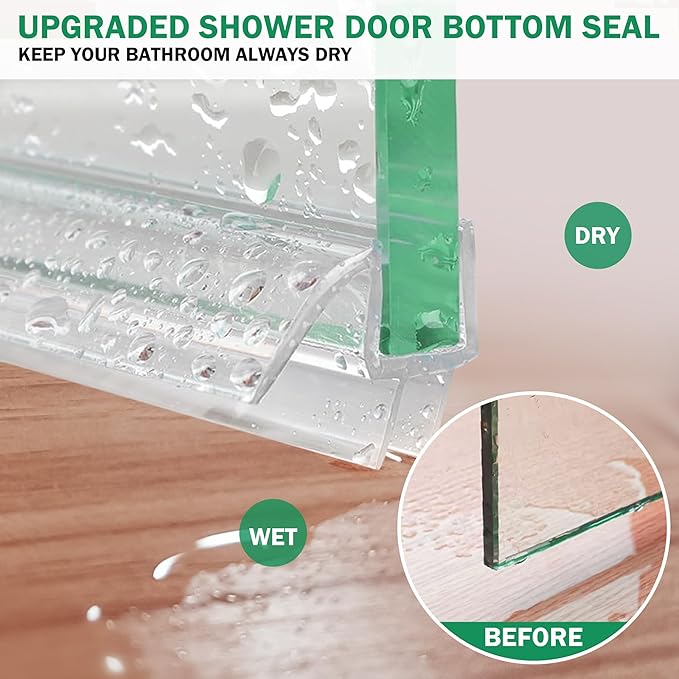 Shower Door Bottom Seal with Sweep 2Pack, 39"(990mm) Length PVC Clear Strips for 3/8"(10mm) Thick Frameless Glass Door, to Stop Water Leaking