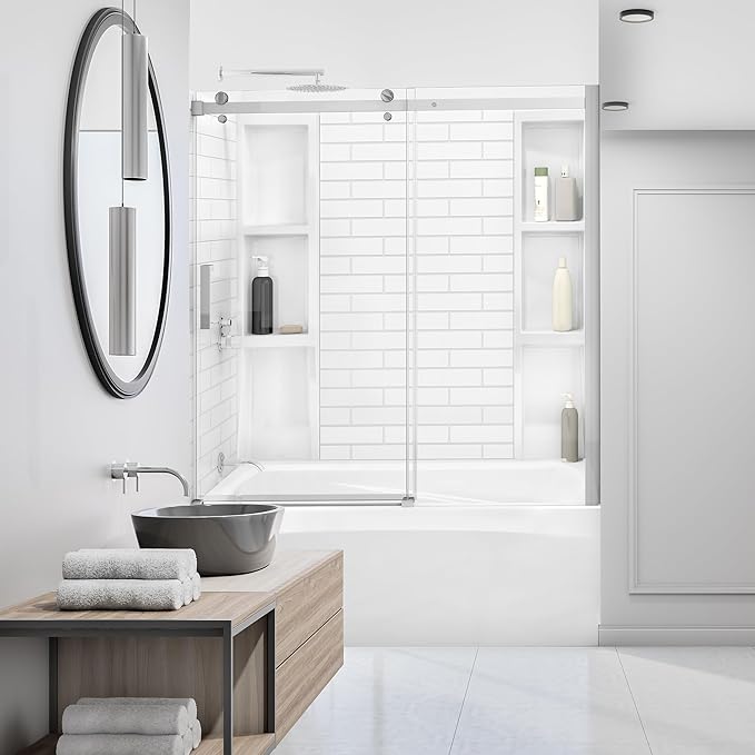 White Polystyrene Tub Wall Surround 32"x 60"x 58" - Waterproof, Easy-to-Install, Two Shelf Units Kit Included - Bathtub Wall Surround Panels - Subway Tiles Pattern, Classic Shelves