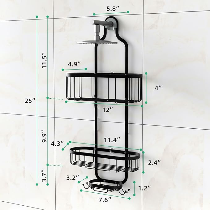 Kadolina Bathroom Hanging Shower Organizer, Over Head Shower Caddy Shower Storage Rack Basket with Hooks for Razor and Sponge Rustproof, Black [Patented]