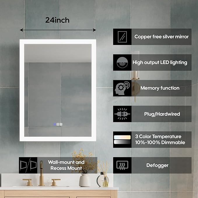 WELLFOR 24 x 32 Inch LED Medicine Cabinet with Lights, 3X Magnification Makeup Mirror, Bathroom Vanity Mirror Cabinet with Storage, Anti Fog, Surface or Recess Mount, Left Opening Door