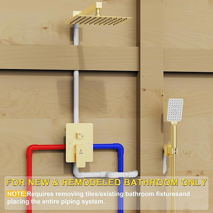 Shower System 10IN Modern Rain Brass Faucet Set With Valve and Diverter Shower Mixer With Handheld High Pressure Square Rainfall Shower Valve (10'' Wall Mount, Brushed Gold)