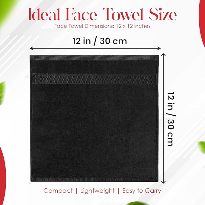 RIVERSIDE 12 Pack Premium 100% Cotton Face Washcloths, 550 GSM, 12 x 12 Inches, Soft, Absorbent Towels for Body & Shower, Bathroom Wash Clothes, Durable Face Towels Set for Spa, Gym, Black