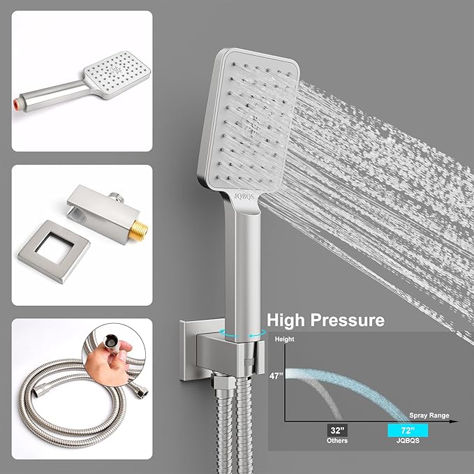 Shower System Modern Rain Brass Faucet Set With Valve and Diverter Shower Mixer With Handheld High Pressure Square Rainfall Shower Valve (12'' Wall Mount, Brushed Nickel)