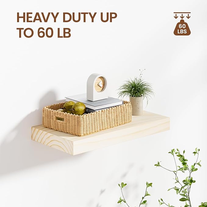 Heimlove Wood Floating Shelves for Wall,2 Packs 16 inches Natural Pine Solid Wood Floating Shelves, 8 inches Deep Wooden Shelves for Kitchen Bedroom Office & Living Room Wall Decor