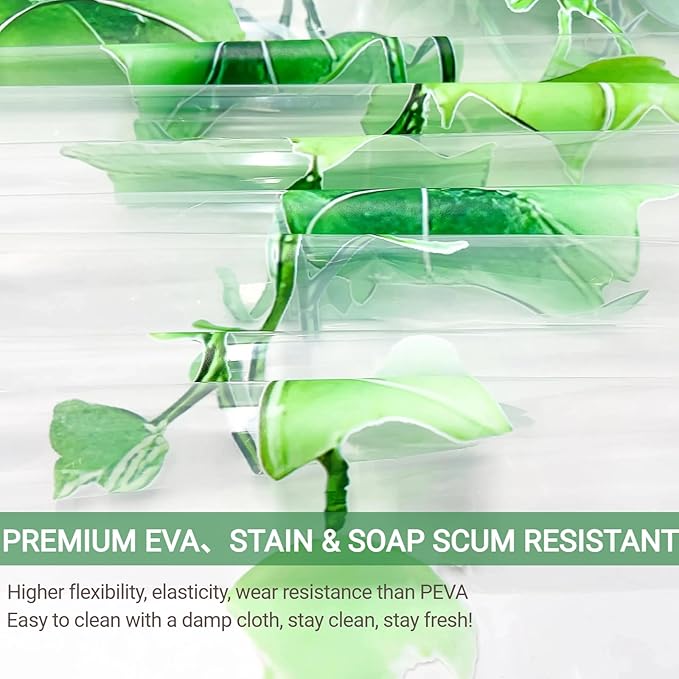 Clear Green Ivy Leaves Shower Curtain Liner, Transparent Plastic Nature Green Botanical Leaf Decorative Waterproof Shower Curtains for Bathroom, 72x78 Weighted Magnetic Shower Curtain Liner with Hooks