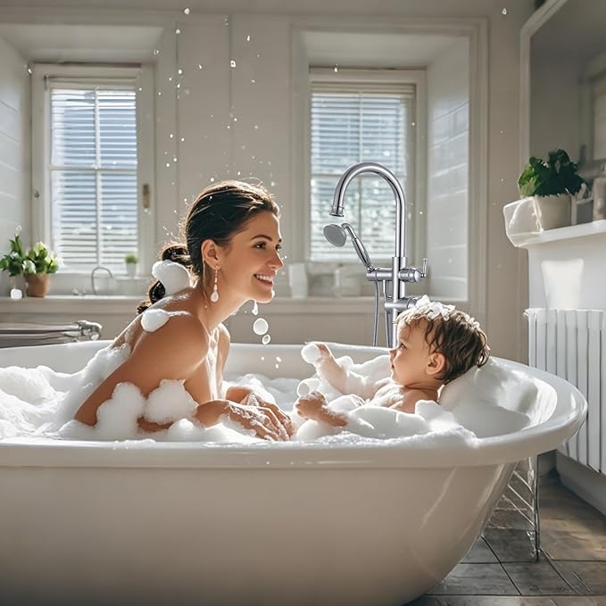 Freestanding Tub Faucet, Floor Mount Tub Faucet Polished Chrome High Flow Tub Filler, Roman Tub Faucet with Antique Handheld, Swivel Gooseneck Spout Shower Mixer Taps (B2311-CP)