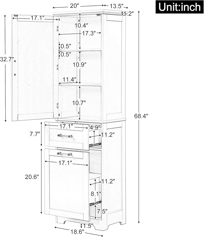 Favfurish 68" Tall Bathroom Storage Cabinet with Door and 2 Drawer,Modern Linen Cabinets w/Adjustable Shelf & Magnetic Door Stopper,Freestanding Organizer for Bath Room,Study,Office,Kitchen Black