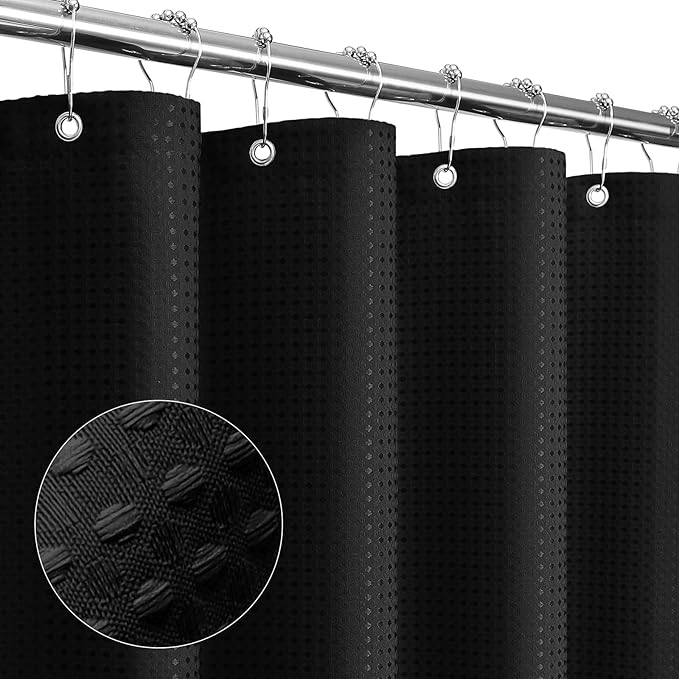 Gibelle Extra Long Shower Curtain 72 x 84, Tall Waffle Weave Textured Fabric Shower Curtain for Bathroom, Water Repellent, Machine Washable, Black