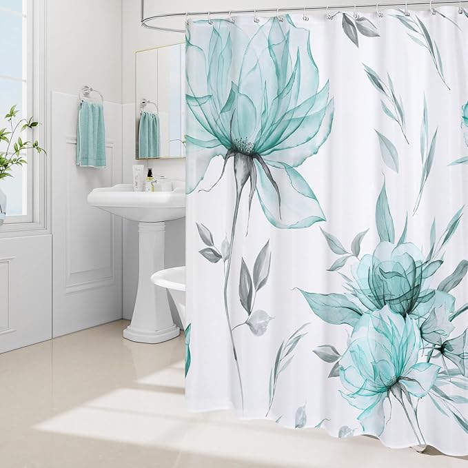 Long Boho Watercolor Floral Shower Curtain 72 x 78, Teal Blue and Grey Ink Painting Style Flower Shower Curtains for Chic Elegant Bathroom, Artistic 78 Inch Long Fabric Shower Curtain