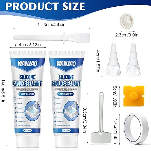 2PCS Clear Caulking Silicone Waterproof, Silicone Sealant Waterproof Clear High Efficiency Long-Lasting for Bathroom Glass Partitions Wash Basins Bathtubs Kitchen Countertops Corner, 2 * 120ml