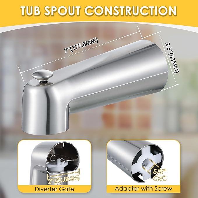 Enhon 7 Inch Slip on Tub Spout with Diverter, Compatible with Moen 3839/Moen 3853, Bathtub Diverter Spout Fits 1/2" Copper Water Tube(5/8" Diameter), 5/32" Hex Wrench(Brushed Nickel,Classic)