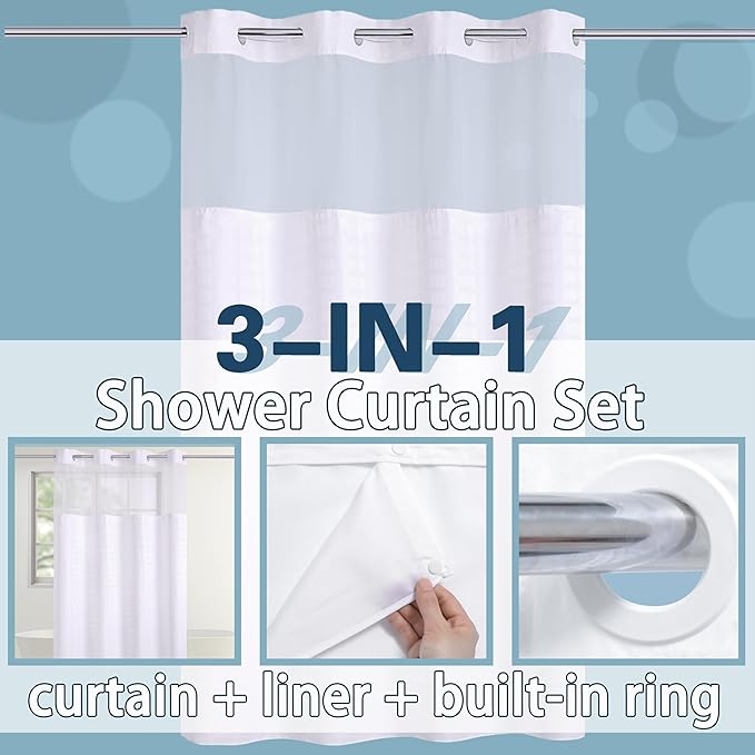 Conbo Mio Stall No Hook Shower Curtain with Snap in Liner Set, Hotel Luxury White Fabric Shower Curtains for Bathroom with See Through Top Window, Washable, Waterproof 54W x 74H