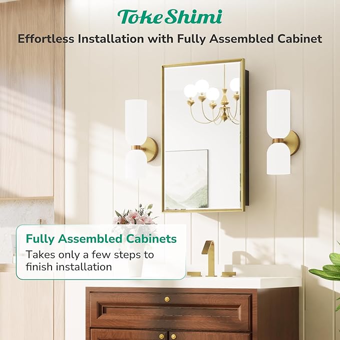 TokeShimi 36x24 Bathroom Mirror with Storage Beveled, Gold Recessed Medicine Cabinet with Mirror Aluminum, Surface Mounted Metal Medicine Cabinets for Bathroom Vanity Wall