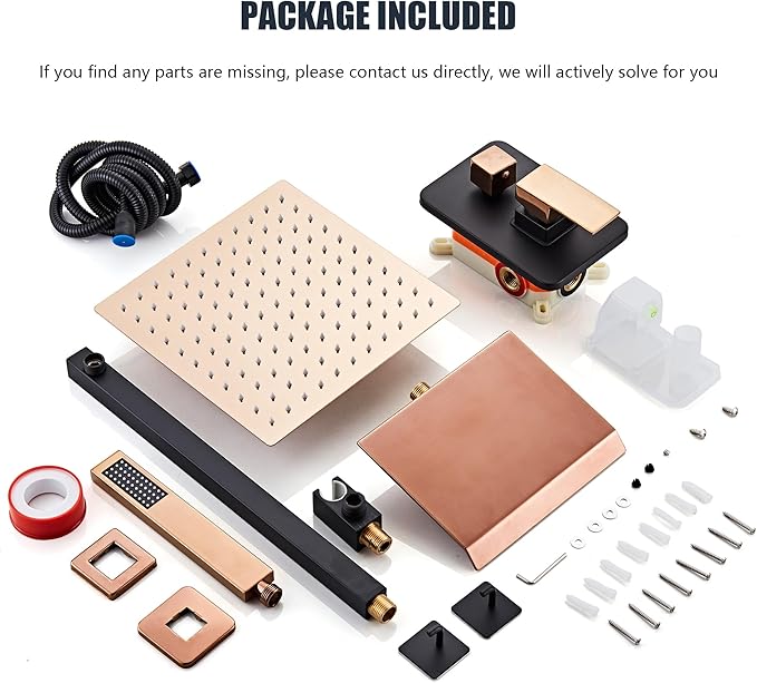 Shower Faucet Set with Tub Spout, Matte Black and Rose Gold Rainfall Shower System Complete Wall Mounted for Bathroom with 12 Inch Square Shower Head and Handheld Shower Head Rain Mixer Combo