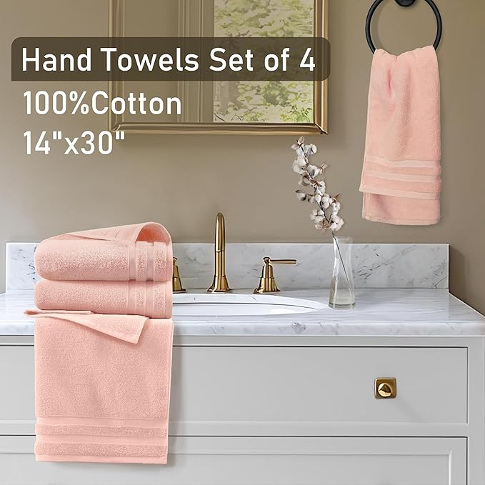 VOOVA & MOVAS Pink Hand Towels Set of 4, 14"x30" - 100% Cotton | Light Weight | Thick 480GSM | Soft | Absorption, Guest Hand Towel Sets for Bathroom & Showering, Coral Pink Bathroom Decor