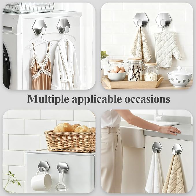 Adhesive Towel Hooks Heavy Duty Wall hooks Waterproof Stainless Steel Shower Rack for Coat, Key, Hat, Robe, Clothes, Picture Hanging Towel Hooks for Bathrooms Kitchen Door (2-Pack, Brushed Silver)