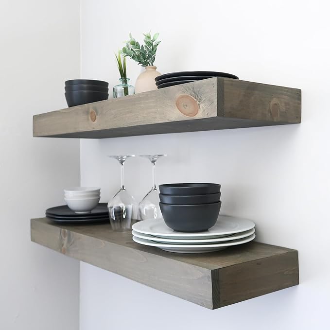 Urbandi Modern Floating Shelves 3 Inches Thick for Wall, Wide Shelves for Kitchen, Living Room, Bedroom, and Bathroom, Natural Pine Wood, Rustic Wooden Shelf, (Set of 2) (Aged Barrel, 60Lx3Hx6D)