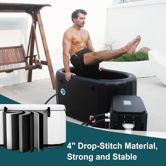 Freein Ice Bath Tub [XXL UPGRADED] - Cold Plunge Tub, Water Chiller Compatible, Inflatable, Portable, Foldable, Recovery Tub for Athletes, 54"x30"x24" - Outdoor, White/Wood