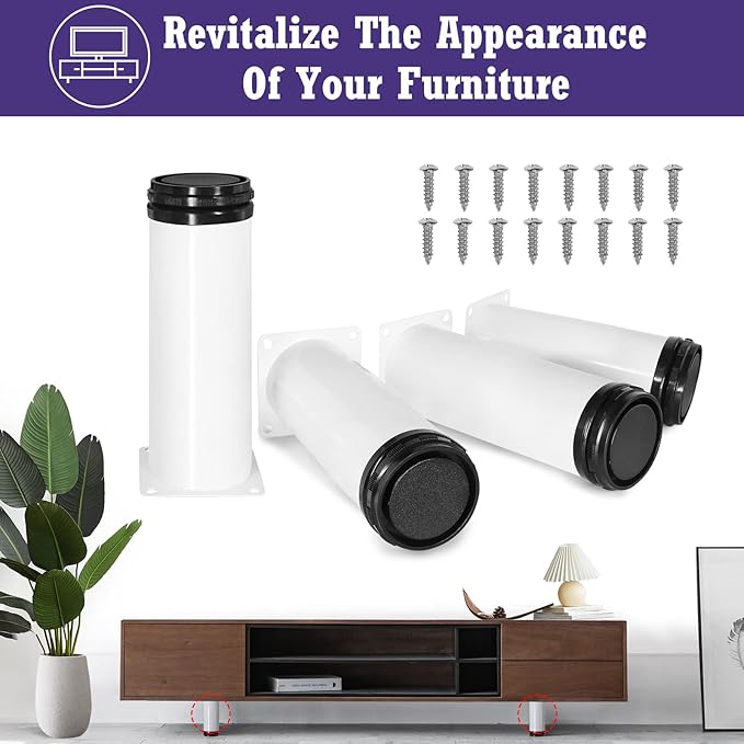 7 Inch Metal Furniture Legs Stainless Steel Adjustable Legs White Metal Legs Round Cabinet Legs for Coffee Table Cabinet Desk Sofa Shelves, Pack of 4