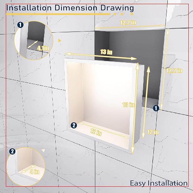 Shower Niche 12"x12" ，Lighted Niche for Shower Wall Stainless Steel Waterproof Shelf，Shower Lighting with Bathroom Storage ，Matte White （ 12"x 12"）