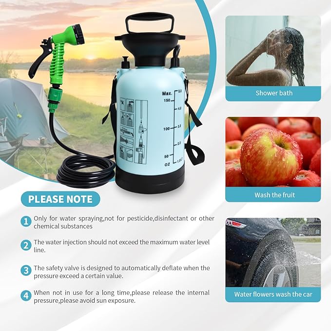 Portable Shower Blue 5L with 7 Spray Modes, Hand Press with Removable Hose and Shower Head