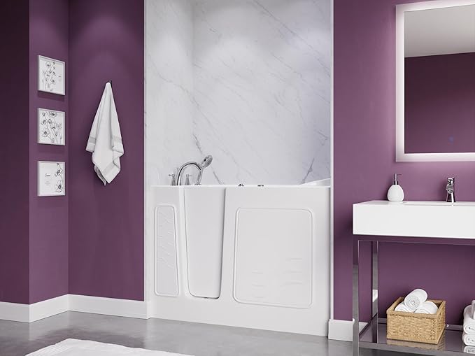 ANZZI Whirlpool Walk-In Bathtub 26" x 53" White Acrylic Left Drain 15 Jets Inline Heater Fast Drain ADA Compliant Slip-Resistant Base Quick Fill Faucet Ergonomic Pillow Chrome Trim | AMZ2653LWH-CP