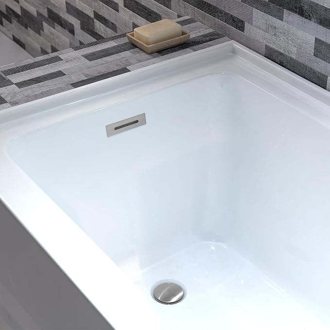 WOODBRIDGE 60" Acrylic Rectangular Alcove Soaking Bathtub in White with Left Drain, Chrome pop-UP Drain Included BA6030L