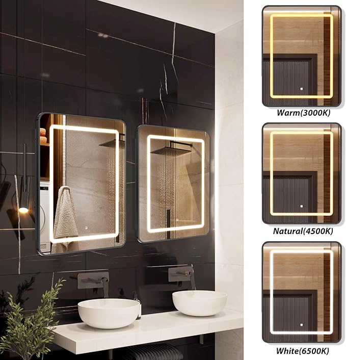 APRILSOUL 24X30 Inch Black Bathroom Medicine Cabinet with Mirror, Recessed or Surface Lighted Medicine Cabinet with 3 Colors Temperature, Dimmable Light