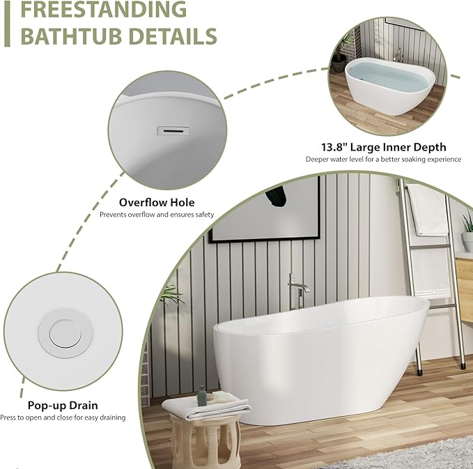 Mocoloo Freestanding Bathtub - 59 Inch Acrylic Stand Alone Soaking Bath Tub for Bathroom with a Right Overflow and Drain