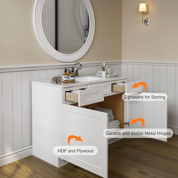 ROOMTEC Bathroom Cabinet, 42'' Free Standing Single Bathroom Vanity with 2 Drawers and 2 Doors,Soft-Close Drawer Slides Morden Bathroom Sink Vanity Storage Cabinet, Shaker White