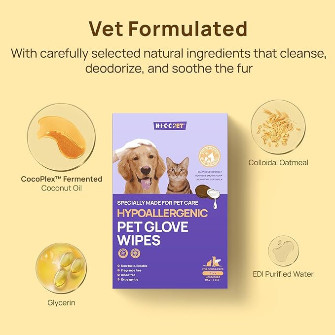 HICC PET Cleaning Deodorizing Glove Wipes for Dogs & Cats, Vet Recommended Hypoallergenic Hydrating & Nourish Fur Pet Grooming Glove Wipes, Pet Bathing Wipes for Horse Coat Care,6pcs Coconut Scent